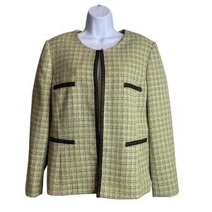 Tahari Women's Green Tweed Checkered Open Front Jacket Size 14P Career Old Money